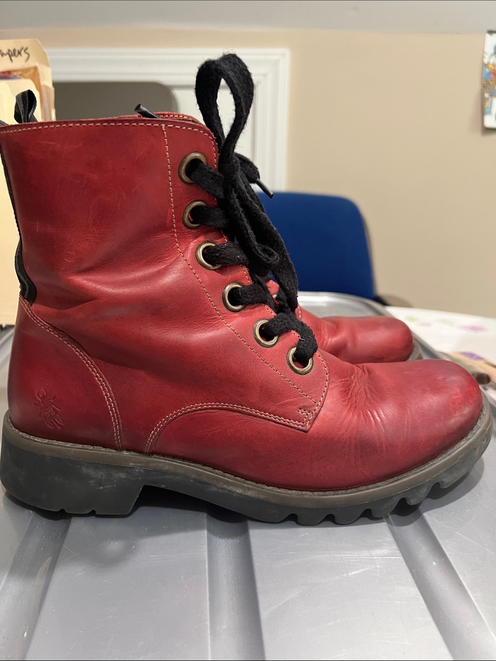 Fly London Red Leather Combat Boots US 11, UK 9, EU 42 could be unisex